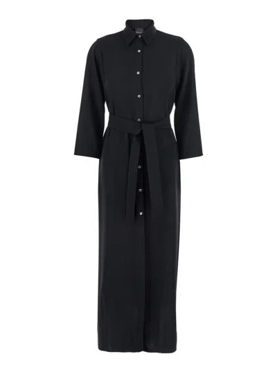 Plain Black Long Dress With Classic Collar And Front Button Closure In Fabric Woman
