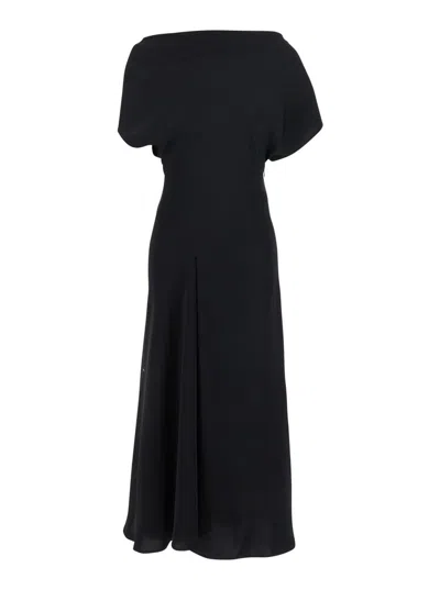Plain Black Long Dress With Square Neckline And Short Sleeves In Tech Fabric Woman