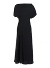 Plain Black Long Dress With Square Neckline And Short Sleeves In Tech Fabric Woman In Black