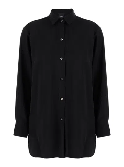 Plain Black Maxi Shirt With Buttons In Techno Fabric Woman