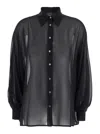 Plain Black Oversize Blouse With Classic Collar And See-through Design