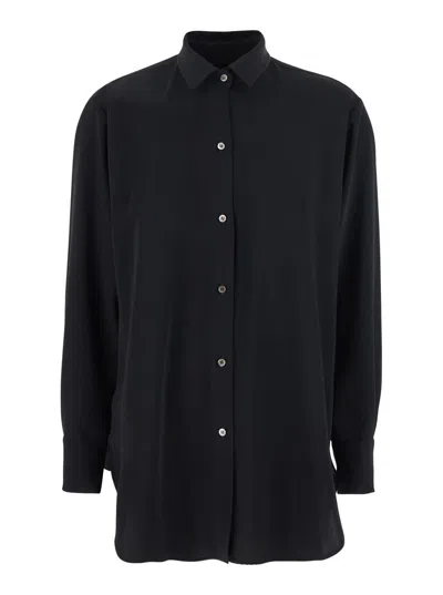Plain Black Shirt With Classic Collar In Tech Fabric Woman