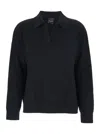 Plain Black Sweater With Polo-style Collar And V-neck In Cashmere Woman In Black