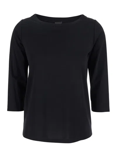 Plain Black T-shirt With Round Neck And Three-quarter Sleeves In Fabric Woman