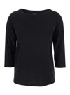 Plain Black T-shirt With Round Neck And Three-quarter Sleeves
