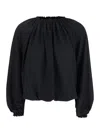 Plain Black Top With Dropped Shoulders And Curlsin Fabric Woman In Black