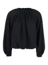 Plain Black Top With Dropped Shoulders And Curlsin Fabric Woman In Black