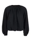 Plain Black Top With Dropped Shoulders And Curlsin Fabric Woman In Black