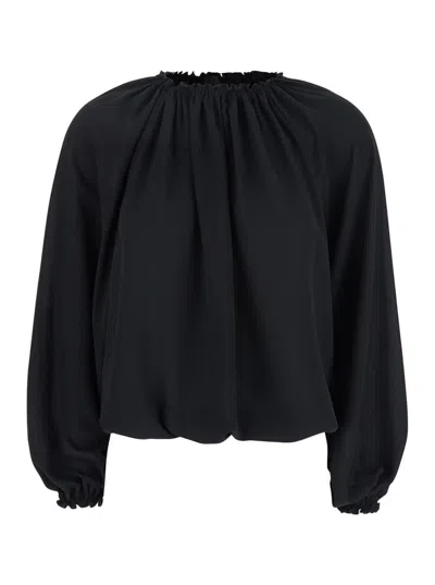 PLAIN BLACK TOP WITH DROPPED SHOULDERS AND CURLSIN FABRIC WOMAN