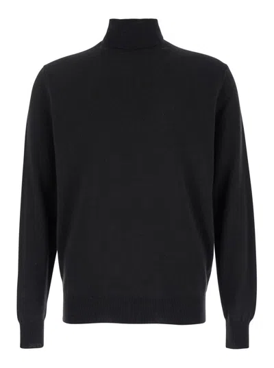 Plain Black Turtleneck Sweater In Merino Wool And Silk Blend Man