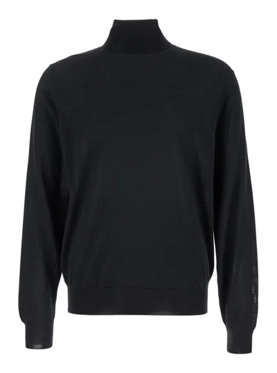 Plain Black Turtleneck With Long Sleeves In Wool Man