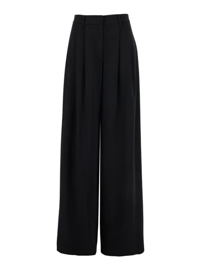 Plain Black Wide Pants With Pences In Fabric Woman