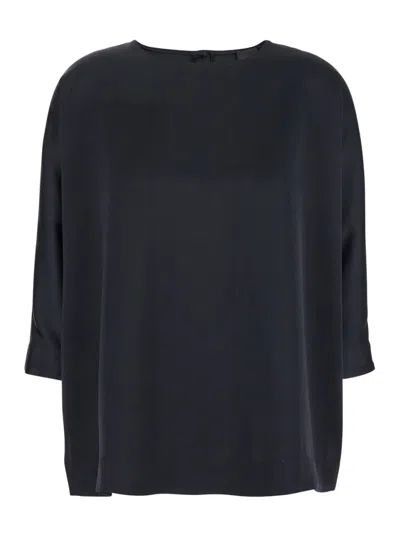 Plain Blue Blouse With Three-quarter Sleeves In Black