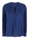 Plain Blue Blouse With V Neck And Buttoned Cuffs In Silk Woman