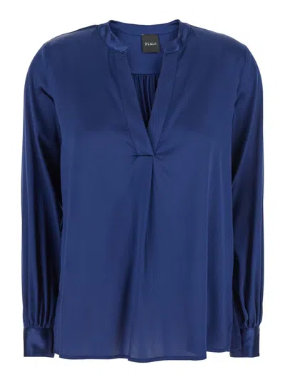 PLAIN BLUE BLOUSE WITH V NECK AND BUTTONED CUFFS