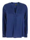 Plain Blue Blouse With V Neck And Buttoned Cuffs In Silk Woman