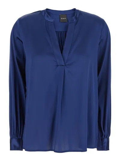 Plain Blue Blouse With V Neck And Buttoned Cuffs In Silk Woman