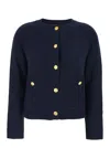 Plain Blue Crewneck Cardigan With Jewel Buttons And Two Front Patch Pockets In Wool Woman In Blue