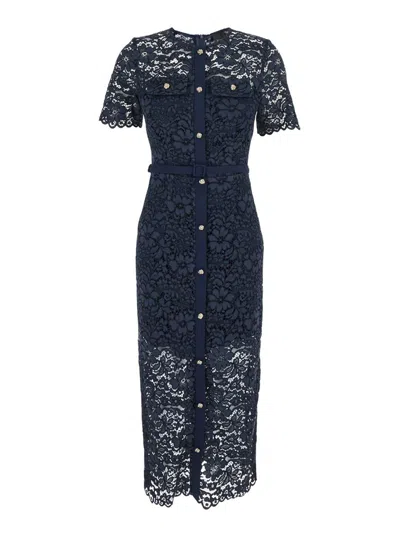 Plain Blue Crewneck Dress With All-over Lace Embroidery In Cotton Blend Woman