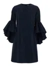Plain Blue Crewneck Dress With Draped Flared Sleeves In Silk Blend Woman In Blue