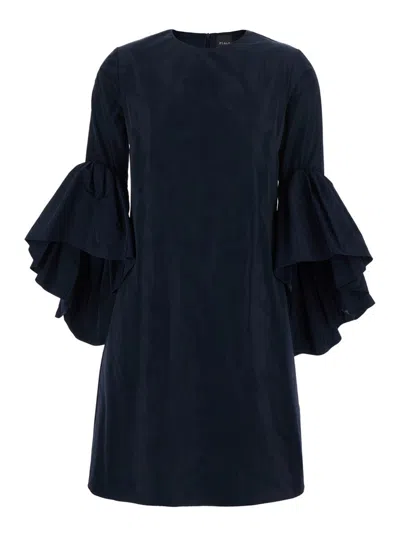 Plain Blue Crewneck Dress With Draped Flared Sleeves In Silk Blend Woman