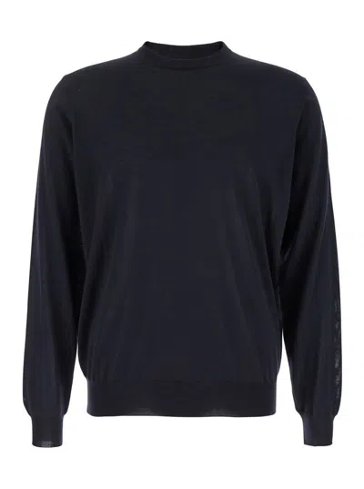 Plain Blue Crewneck Sweater With Ribbed Trims In Wool Man