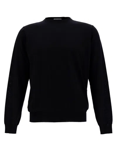 Plain Blue Crewneck Sweater With Ribbed Trims In Wool Man