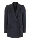 Plain Blue Double-breasted Jacket With Peak Lapels In Satin Woman