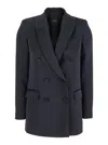 Plain Blue Double-breasted Jacket With Peak Lapels In Satin Woman In Blue