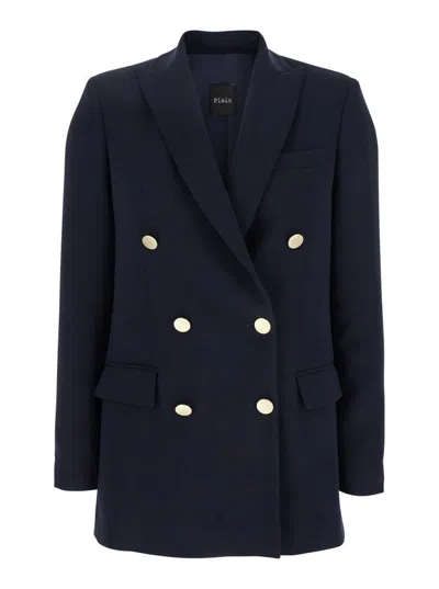 PLAIN BLUE DOUBLE-BREASTED JACKET WITH GOLDEN BUTTONS
