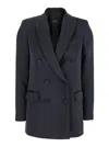 Plain Blue Double-breasted Jacket With Peak Lapels In Satin Woman In Blue