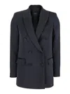 Plain Blue Double-breasted Jacket With Peak Lapels In Satin Woman In Blue