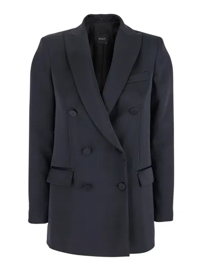 Plain Blue Double-breasted Jacket With Peak Lapels In Satin Woman