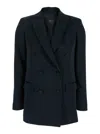 Plain Blue Double-breasted Jacket With Peak Revers