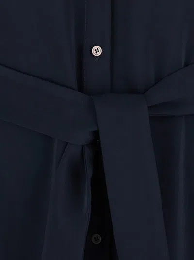 Plain Blue Long Dress With Classic Collar And Front Button Closure In Fabric Woman
