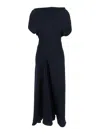 Plain Blue Long Dress With Square Neckline And Short Sleeves In Tech Fabric Woman In Black