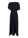 Plain Blue Long Dress With Square Neckline And Short Sleeves In Tech Fabric Woman In Black