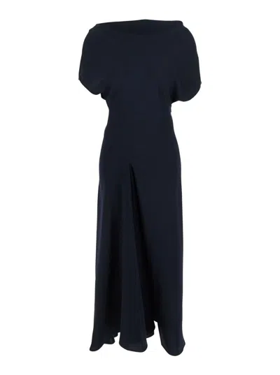 Plain Blue Long Dress With Square Neckline And Short Sleeves In Tech Fabric Woman