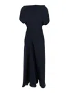Plain Blue Long Dress With Square Neckline And Short Sleeves In Tech Fabric Woman In Black