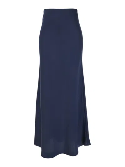 PLAIN BLUE LONG SKIRT WITH RUFFLE DETAIL AT THE BOTTOM IN SATIN WOMAN