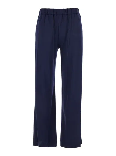 Plain Blue Pants With Elastic Waist And Side Pockets In Fabric Woman