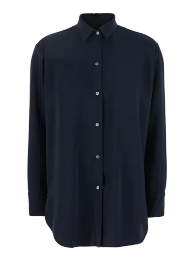 Plain Blue Shirt With Classic Collar And Long Sleeves In Linen Woman