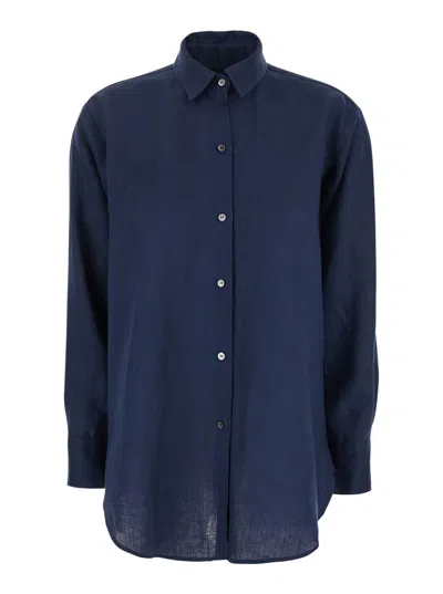 Plain Black Shirt With Classic Collar In Tech Fabric Woman In Blue