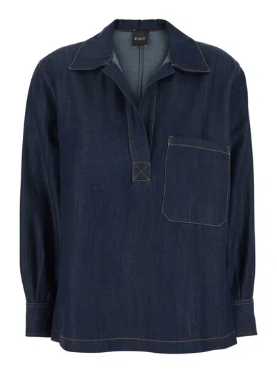 Plain Blue Shirt With Notched Revers And Polo Shirt Style Collar In Tech Fabric Woman