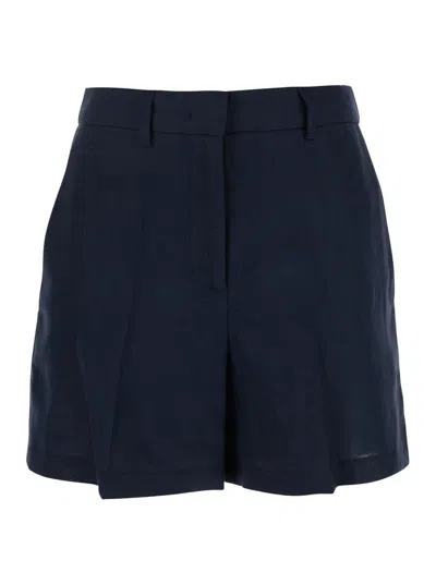 PLAIN BLUE SHORTS WITH BELT LOOPS AT THE WAIST IN LINEN WOMAN