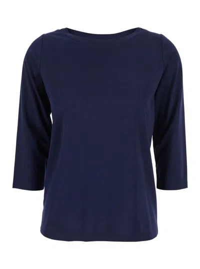 Plain Blue T-shirt With Round Neck And Three-quarter Sleeves In Fabric Woman