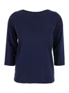 Plain Blue T-shirt With Round Neck And Three-quarter Sleeves In Fabric Woman In Blue