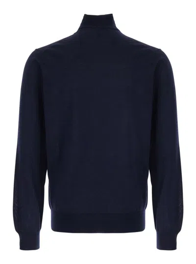 Plain Blue Turtleneck Sweater In Merino Wool And Silk Blend Man