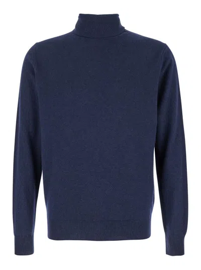 Plain Blue Turtleneck Sweater In Merino Wool And Silk Blend Man