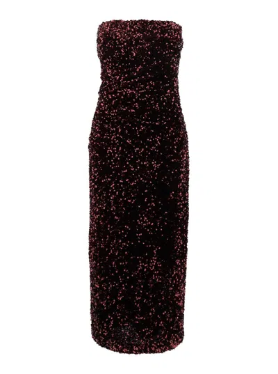 Plain Bordeaux Bustier Dress With All-over Sequins In Tech Fabric Woman In Red